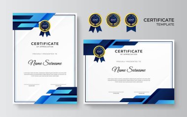İş dünyası için modern mavi ve altın sertifika tasarımı ve altın rozetli başarı ödülü