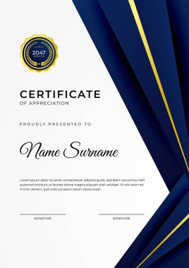 Başarı sertifikası. Altın rozetli mavi şablon tasarımı ve iş, ödül, onur ve okul sınırı.