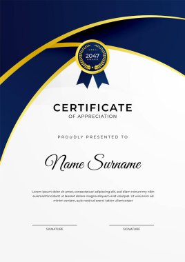 Başarı sertifikası. Altın rozetli mavi şablon tasarımı ve iş, ödül, onur ve okul sınırı.