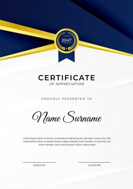 Başarı sertifikası. Altın rozetli mavi şablon tasarımı ve iş, ödül, onur ve okul sınırı.