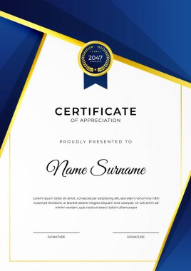 Başarı sertifikası. Altın rozetli mavi şablon tasarımı ve iş, ödül, onur ve okul sınırı.