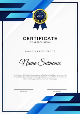 Başarı sertifikası. Altın rozetli mavi şablon tasarımı ve iş, ödül, onur ve okul sınırı.