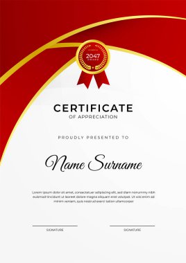 Başarı sertifikası altın rozetli kırmızı şablon tasarımı ve iş, ödül, onur ve okul sınırı