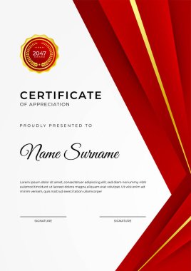 Başarı sertifikası altın rozetli kırmızı şablon tasarımı ve iş, ödül, onur ve okul sınırı