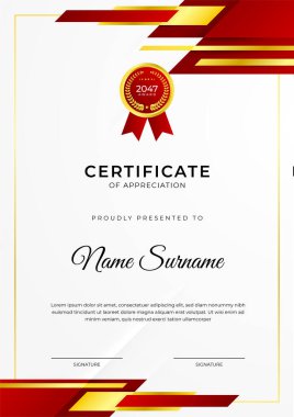 Başarı sertifikası altın rozetli kırmızı şablon tasarımı ve iş, ödül, onur ve okul sınırı