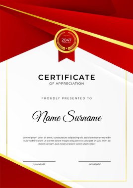 Başarı sertifikası altın rozetli kırmızı şablon tasarımı ve iş, ödül, onur ve okul sınırı