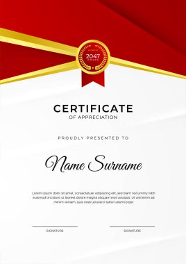 Başarı sertifikası altın rozetli kırmızı şablon tasarımı ve iş, ödül, onur ve okul sınırı