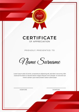 Başarı sertifikası altın rozetli kırmızı şablon tasarımı ve iş, ödül, onur ve okul sınırı