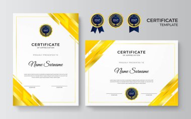 İş dünyası için modern turuncu ve sarı sertifika tasarımı ve altın rozetli başarı ödülü