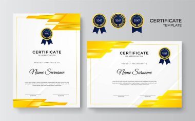İş dünyası için modern turuncu ve sarı sertifika tasarımı ve altın rozetli başarı ödülü