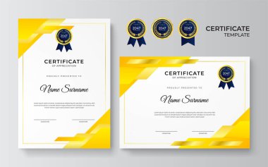 İş dünyası için modern turuncu ve sarı sertifika tasarımı ve altın rozetli başarı ödülü
