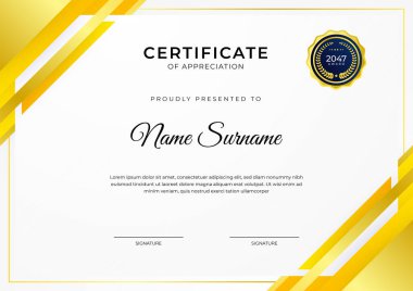 Başarı belgesi. Altın rozetli turuncu şablon tasarımı. İş, ödül, onur ve okul için sınır.