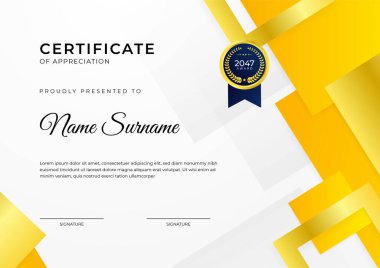 Başarı belgesi. Altın rozetli turuncu şablon tasarımı. İş, ödül, onur ve okul için sınır.