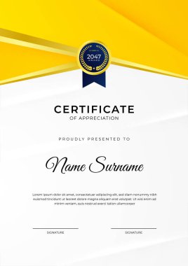 Başarı belgesi. Altın rozetli turuncu şablon tasarımı. İş, ödül, onur ve okul için sınır.