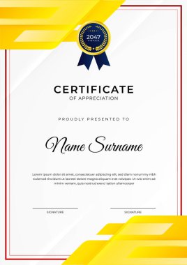 Başarı belgesi. Altın rozetli turuncu şablon tasarımı. İş, ödül, onur ve okul için sınır.