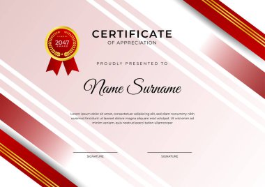 Başarı sertifikası altın rozetli kırmızı şablon tasarımı ve iş, ödül, onur ve okul sınırı