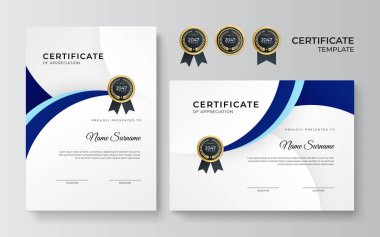 İş dünyası için modern mavi ve altın sertifika tasarımı ve altın rozetli başarı ödülü