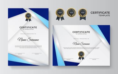 İş dünyası için modern mavi ve altın sertifika tasarımı ve altın rozetli başarı ödülü