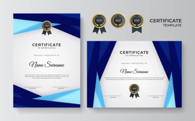 İş dünyası için modern mavi ve altın sertifika tasarımı ve altın rozetli başarı ödülü