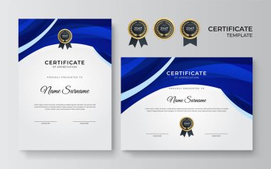 İş dünyası için modern mavi ve altın sertifika tasarımı ve altın rozetli başarı ödülü