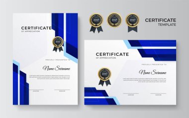 İş dünyası için modern mavi ve altın sertifika tasarımı ve altın rozetli başarı ödülü