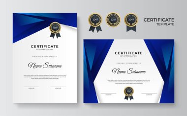 İş dünyası için modern mavi ve altın sertifika tasarımı ve altın rozetli başarı ödülü