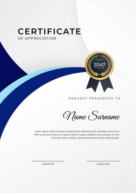 Başarı sertifikası. Altın rozetli mavi şablon tasarımı ve iş, ödül, onur ve okul sınırı.