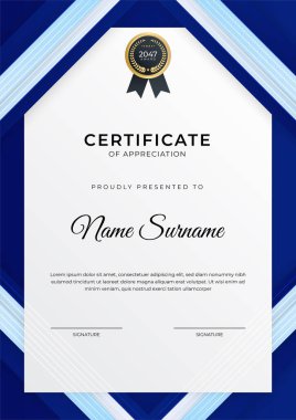 Başarı sertifikası. Altın rozetli mavi şablon tasarımı ve iş, ödül, onur ve okul sınırı.