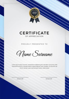 Başarı sertifikası. Altın rozetli mavi şablon tasarımı ve iş, ödül, onur ve okul sınırı.