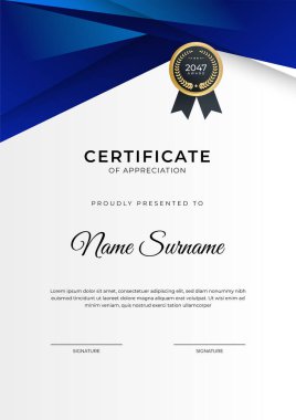 Başarı sertifikası. Altın rozetli mavi şablon tasarımı ve iş, ödül, onur ve okul sınırı.