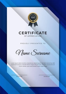 Başarı sertifikası. Altın rozetli mavi şablon tasarımı ve iş, ödül, onur ve okul sınırı.