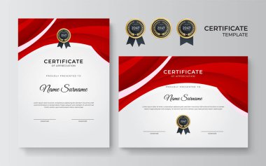 İş dünyası için modern kırmızı ve altın sertifika tasarımı ve altın rozetli başarı ödülü
