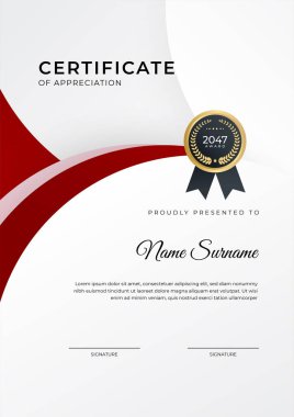 Başarı sertifikası altın rozetli kırmızı şablon tasarımı ve iş, ödül, onur ve okul sınırı