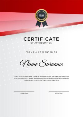 Başarı sertifikası altın rozetli kırmızı şablon tasarımı ve iş, ödül, onur ve okul sınırı