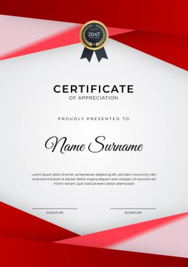 Başarı sertifikası altın rozetli kırmızı şablon tasarımı ve iş, ödül, onur ve okul sınırı