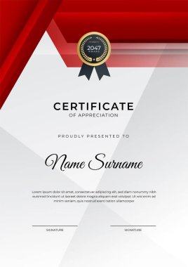 Başarı sertifikası altın rozetli kırmızı şablon tasarımı ve iş, ödül, onur ve okul sınırı
