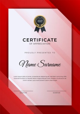 Başarı sertifikası altın rozetli kırmızı şablon tasarımı ve iş, ödül, onur ve okul sınırı