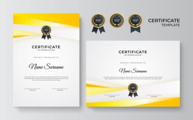 İş dünyası için modern turuncu ve sarı sertifika tasarımı ve altın rozetli başarı ödülü