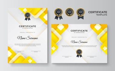 İş dünyası için modern turuncu ve sarı sertifika tasarımı ve altın rozetli başarı ödülü