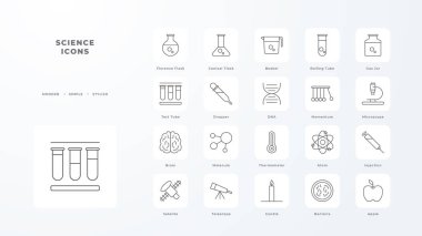 Siyah ana hatlı bilim simgeleri koleksiyonu. Araştırma biyolojisi laboratuvarı, mikroskop, test, deney, analiz. Vektör illüstrasyonu