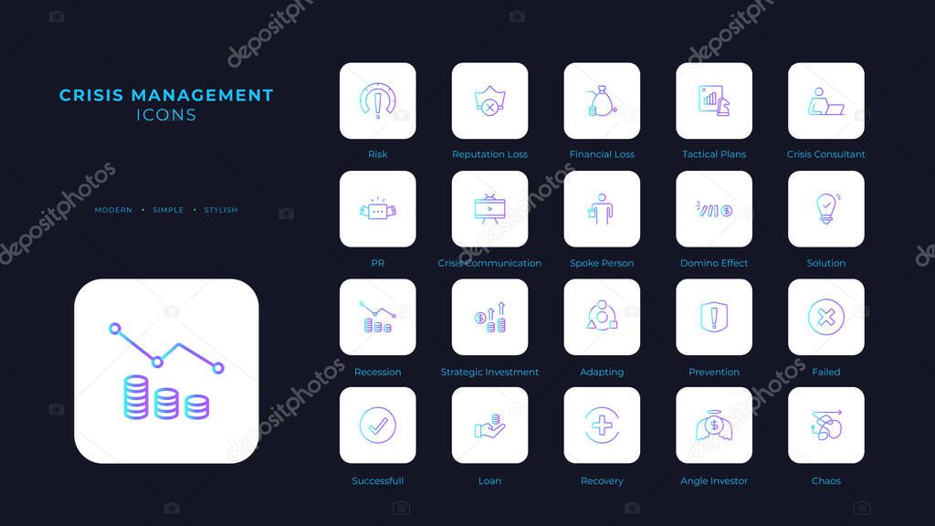 Crisis management icons collection with blue duotone style. risk, analysis, solution, assessment, problem, prevention, solving. Vector illustration