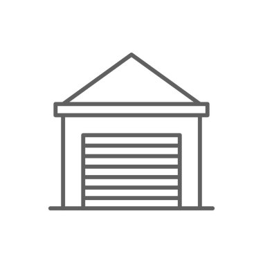 Siyah ana hatlı bir depo ikonu. Teslimat, depo, kargo, nakliye, dağıtım, lojistik, depo. Vektör illüstrasyonu