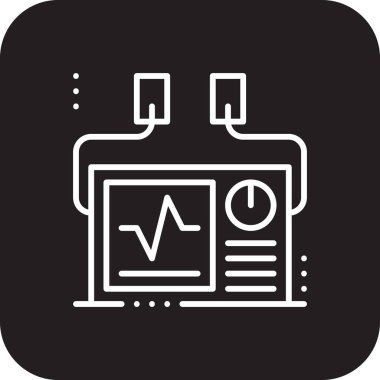 Siyah çizgili defibrilatör dijital sağlık ikonu. Acil durum, kalp, kalp, harici, otomatik, şok, elektrik. Vektör illüstrasyonu