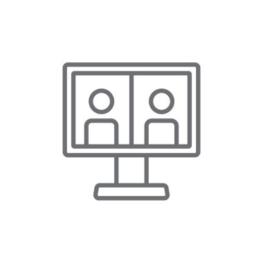 Siyah taslak biçimli çevrimiçi Buluşma simgesi. bilgisayar, video, iletişim, web sitesi, konferans, internet, medya. Vektör illüstrasyonu