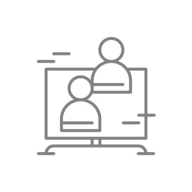 Siyah taslak biçimli çevrimiçi Buluşma simgesi. bilgisayar, video, iletişim, web sitesi, konferans, internet, medya. Vektör illüstrasyonu