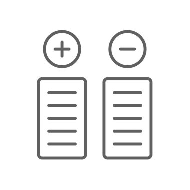 Siyah ana hatlı Artıları ve Eksileri Kriz Yönetimi simgesi. pozitif, seçim, negatif, çapraz, anket, oy, seçenek. Vektör illüstrasyonu