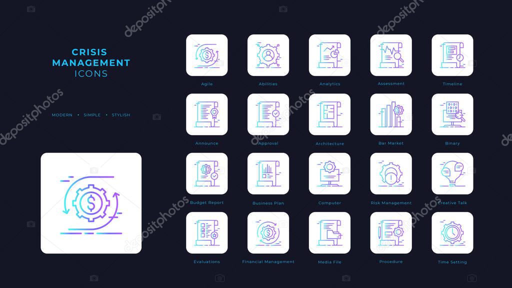 Crisis management icons collection with blue duotone style. risk, analysis, solution, assessment, problem, prevention, solving. Vector illustration