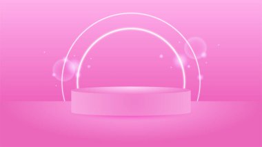 Soyut sahne arkaplanı. Pembe arka planda silindir podyum. Ürün sunumu, modelleme, kozmetik ürünü, podyum, sahne kaidesi veya platformu göster.