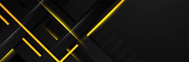 Teknoloji sektörü konsepti, çizgi, ok ve yarım ton tarzında siyah ve sarı pankart. Poster, sertifika, sunum, iniş sayfası için duvar kağıdı