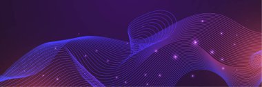 Yapay zeka teknolojisi, dijital, iletişim, bilim, müzik kavramı için koyu mavi arka planda izole edilmiş, dinamik mavi pembe vektör dalga çizgileri.